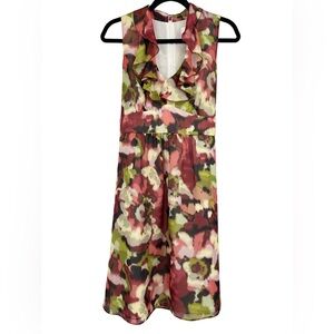 Ann Taylor LOFT Floral Ruffle V-Neck Tie Back Multicolor Dress Size 10